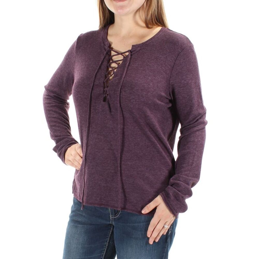 CHELSEA SKY Womens Purple Tie Long Sleeve V Neck Tunic Top Size: M